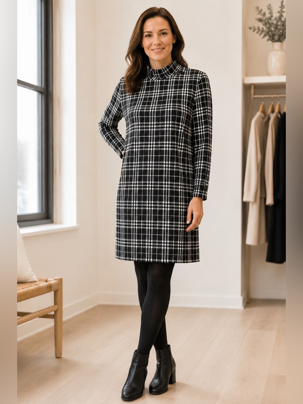 Talbots Black and White Plaid Long Sleeve Shift Dress